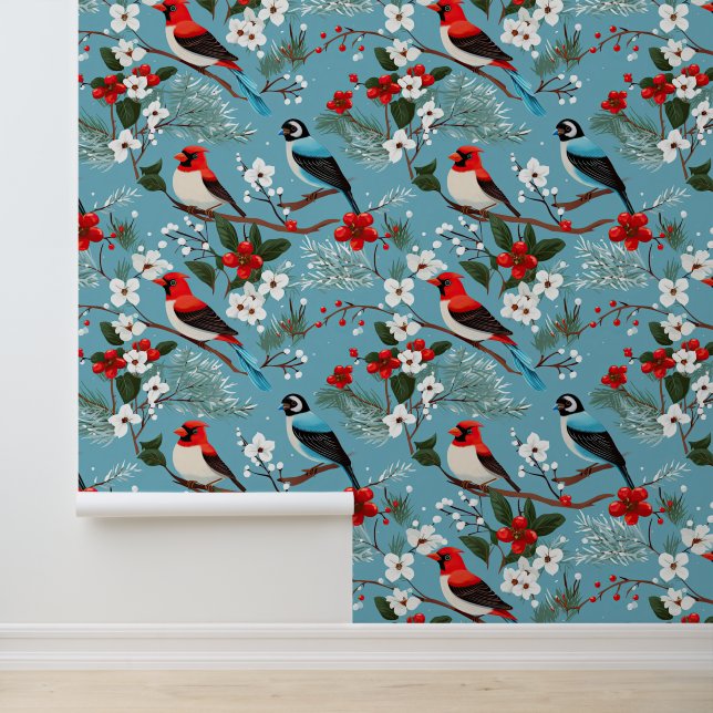 Feestelijke Kerstmis Wintervogels Behang (Applicatie)