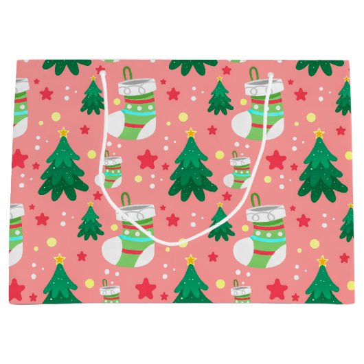 Feestelijke Kerstpatroon van Sterren Kousen Bomen Groot Cadeauzakje (Voorkant)