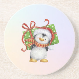 Feestelijke kerstpinguïn met cadeau - Vakantie Dec Zandsteen Onderzetter
