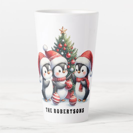 Feestelijke Kerstpinguïns Monogrammed Latte Mok (Voorkant)
