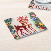 feestelijke kerstrendierentuin retro vierkante kartonnen onderzetter (Schuin)