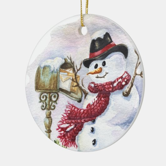 feestelijke kerstsneeuwman voegt tekst toe keramisch ornament (Links)