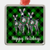 Feestelijke Kerstzebras, kerstkrans, groen geruit Metalen Ornament (Voorkant)