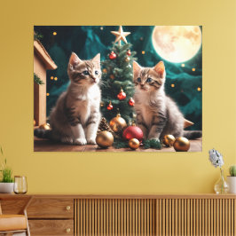 Feestelijke Kittens van Christmas Tree Under Full Canvas Afdruk