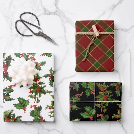 Feestelijke Kleurrijke Kerst Holly en Plaid Inpakpapier Vel (Voorkant)
