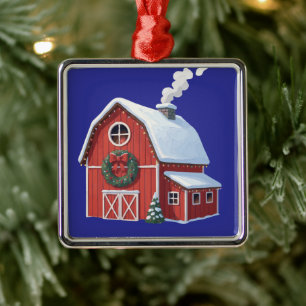 Feestelijke Landelijke Boerderij Besneeuwde Rode S Metalen Ornament