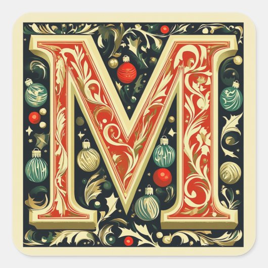 Feestelijke letter M: goud, rood, groen en room Vierkante Sticker (Voorkant)
