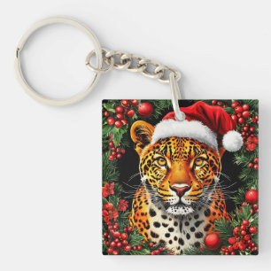 Feestelijke Luipaard met Kerstman Hoed Sleutelhanger