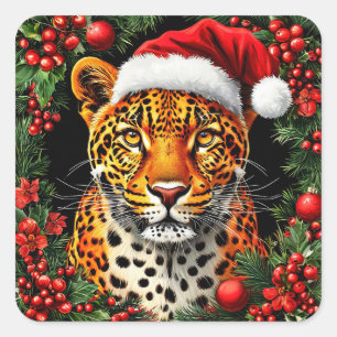 Feestelijke Luipaard met Kerstman Hoed Vierkante Sticker