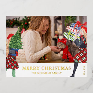 Feestelijke Meisjes Kerst Illustratie Foto Folie Feestdagen Briefkaart
