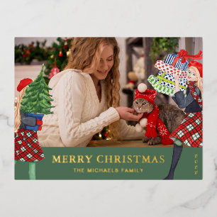 Feestelijke Meisjes Kerst Illustratie Foto Groen Folie Feestdagen Briefkaart