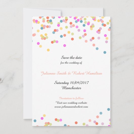 Feestelijke moderne Confetti bruiloft Save the Dat Date (Voorkant)