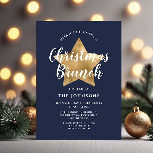 Feestelijke Navy Blue Gold Star Kerstbrunch Kaart