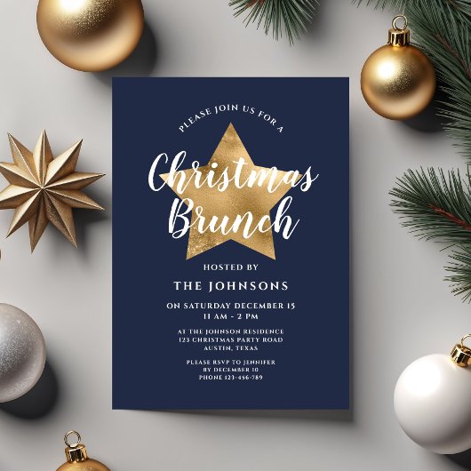 Feestelijke Navy Blue Gold Star Kerstbrunch Kaart