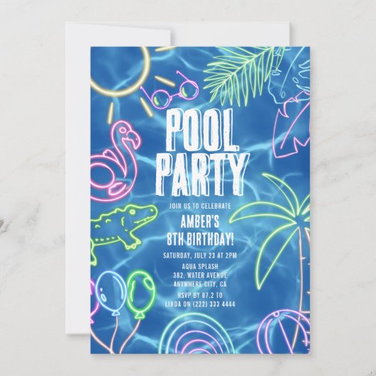 Feestelijke Neon Zwembad Feest Verjaardag Kaart (Voorkant)