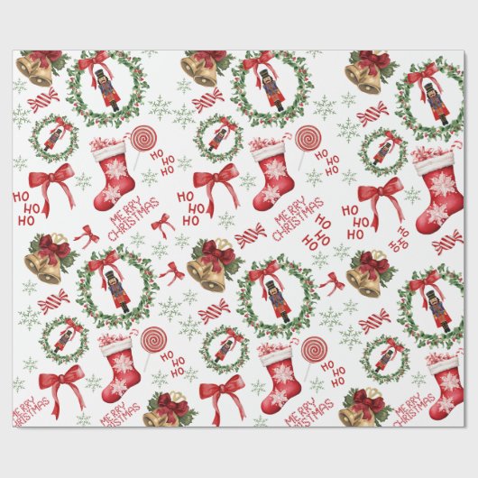 Feestelijke Notenkraker & Rode strik Kerstvakantie Cadeaupapier (Vlak)