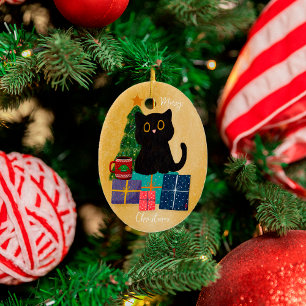 Feestelijke Oranje Prettig Kerstfeest Zwarte Kat K Keramisch Ornament