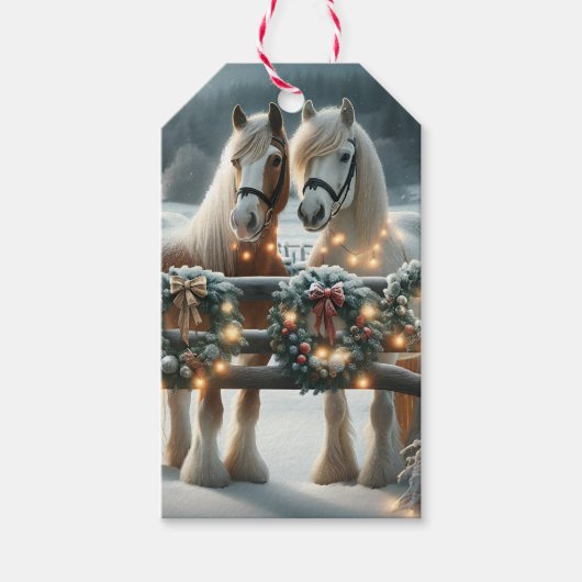 Feestelijke paarden en kerstverlichting cadeaulabel (Voorkant)