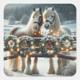 Feestelijke paarden en kerstverlichting vierkante sticker