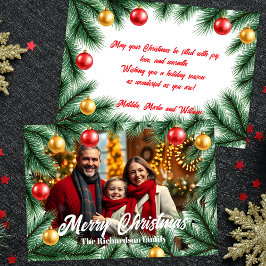 Feestelijke Pine Branches Baubles Foto Kerstmis Feestdagenkaart