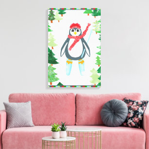 Feestelijke pinguïn skiën kerstboom ontwerp canvas afdruk