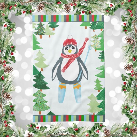 Feestelijke Pinguïn Skiing Kerstontwerp Theedoek