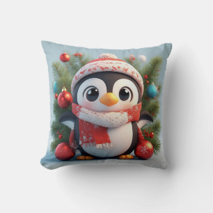 Feestelijke pinguïn versierd met kerstornamenten kussen