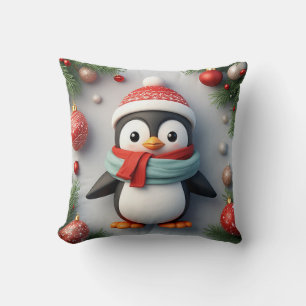 Feestelijke pinguïn versierd met kerstornamenten kussen
