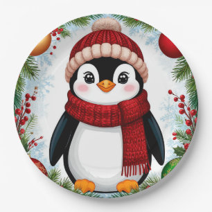 Feestelijke pinguïn versierd met kerstornamenten papieren bordje