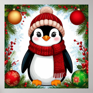 Feestelijke pinguïn versierd met kerstornamenten poster
