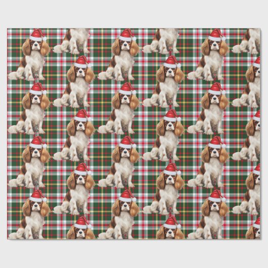 Feestelijke Plaid Cavalier Spaniel Santa Dog Kerst Cadeaupapier (Vlak)