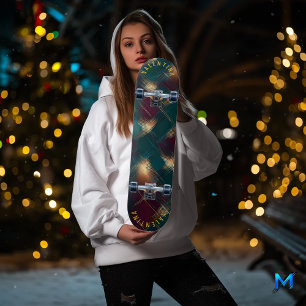 Feestelijke Plaid Ontwerp met Gouden Accenten Skateboard