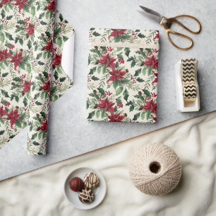 Feestelijke Poinsettia en Winter Greenery Kerstmis Cadeaupapier