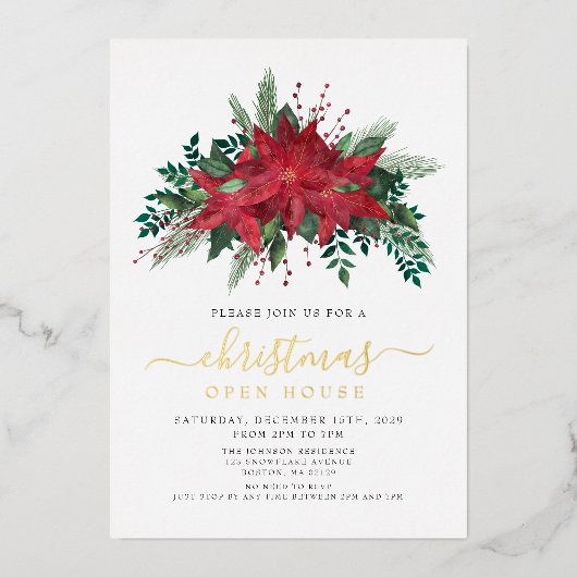 Feestelijke Poinsettia Kerstmis Open Huis Goud Folie Uitnodiging (Voorkant)