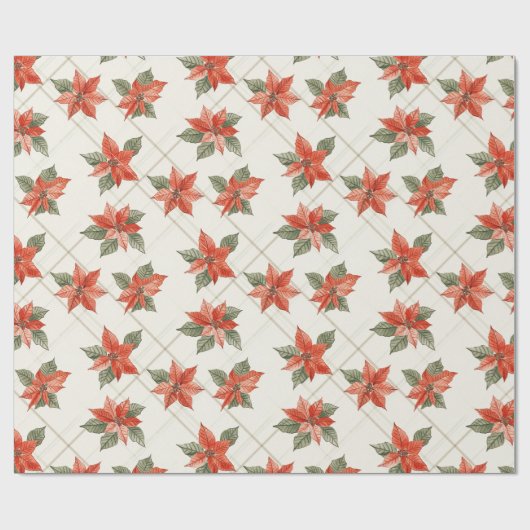 Feestelijke Poinsettia & Plaid Kerstmis Cadeaupapier (Vlak)