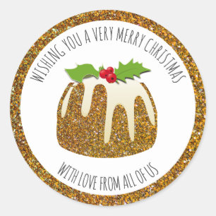 Feestelijke pudding goud   GLITTER SPARKLE   Kerst Ronde Sticker