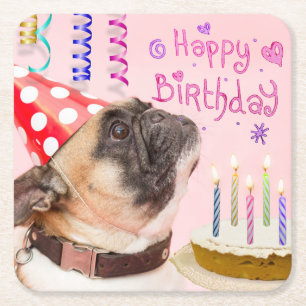 Feestelijke Pug en Verjaardagstaart Knuffel Vierkante Kartonnen Onderzetter