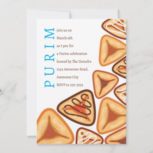 Feestelijke Purim Hamentashen Uitnodiging (Voorkant)