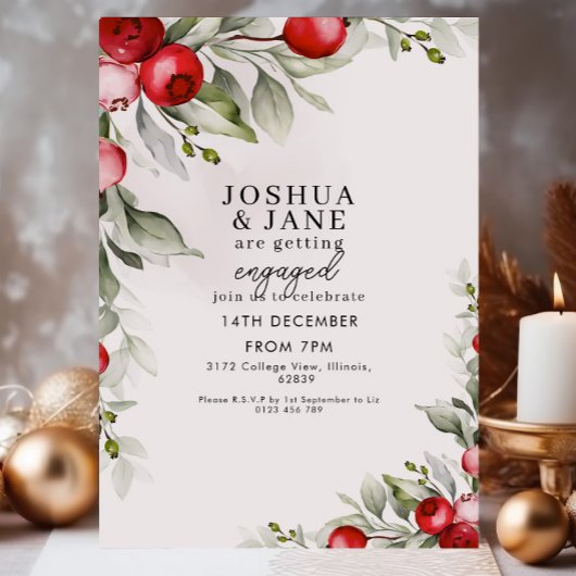 Feestelijke Red Berry Greenery Engagement Party Kaart