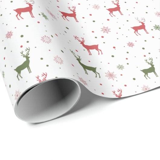 Feestelijke rendieren en sneeuwvlokken - Rood & Gr Cadeaupapier (Rol Hoek)