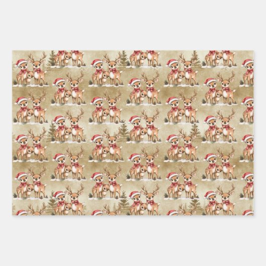 Feestelijke rendierfamilie met kerstmutsen inpakpapier vel (Voorkant 2)