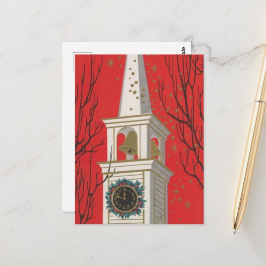 Feestelijke retro Kerk Kerst Briefkaart (Voorkant / Achterkant in situ)