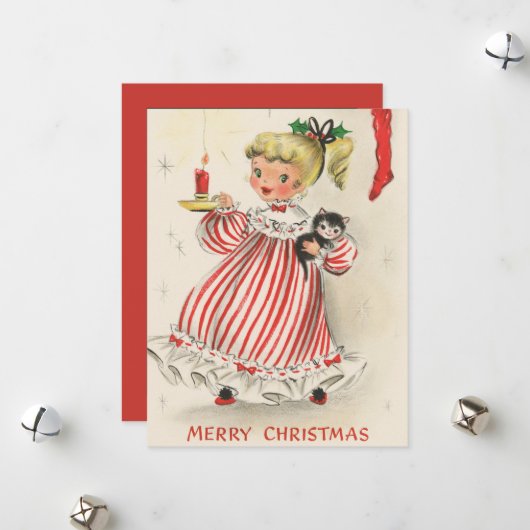 feestelijke retro vintage kerst meisje feestdagenkaart (Voorkant / Achterkant in situ)
