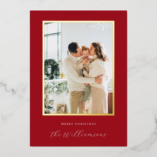 Feestelijke rode achtergrond script naam kerst fot folie feestdagenkaart (Voorkant)