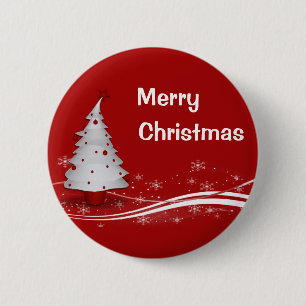 Feestelijke rode achtergrond & witte kerstboom ronde button 5,7 cm