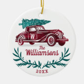 Feestelijke  Rode Auto Kerstboom Monogram Keramisch Ornament (Voorkant)