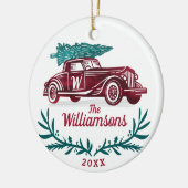 Feestelijke  Rode Auto Kerstboom Monogram Keramisch Ornament (Links)
