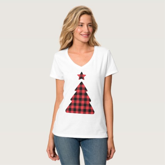 Feestelijke Rode Check Kerstboom Vakantie T-shirt (Voorkant volledig)