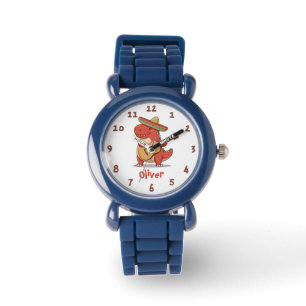 Feestelijke rode dinosaurus met Sombrero & Gitaar Horloge