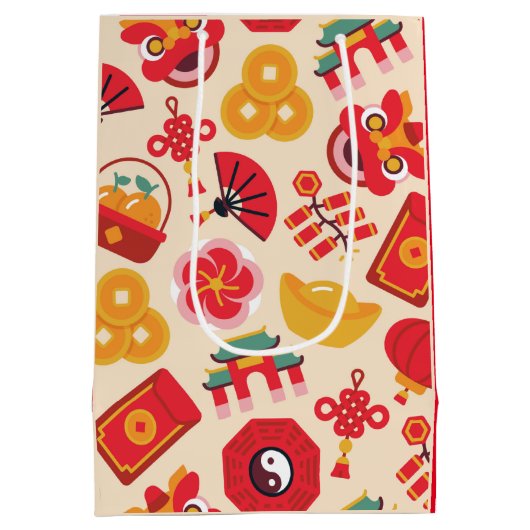 Feestelijke rode gouden Chinese Nieuwjaarssymbolen Medium Cadeauzakje (Achterkant)